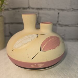 VINTAGE PUEBLO ROSE FEATHER WEDDING POT HAND-PAINTED DESIGN CREAM PINK WHITE R